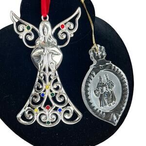 Lot of 2 Lenox Christmas Ornaments Silver‎ Angel Etched Crystal Frosted Carolers